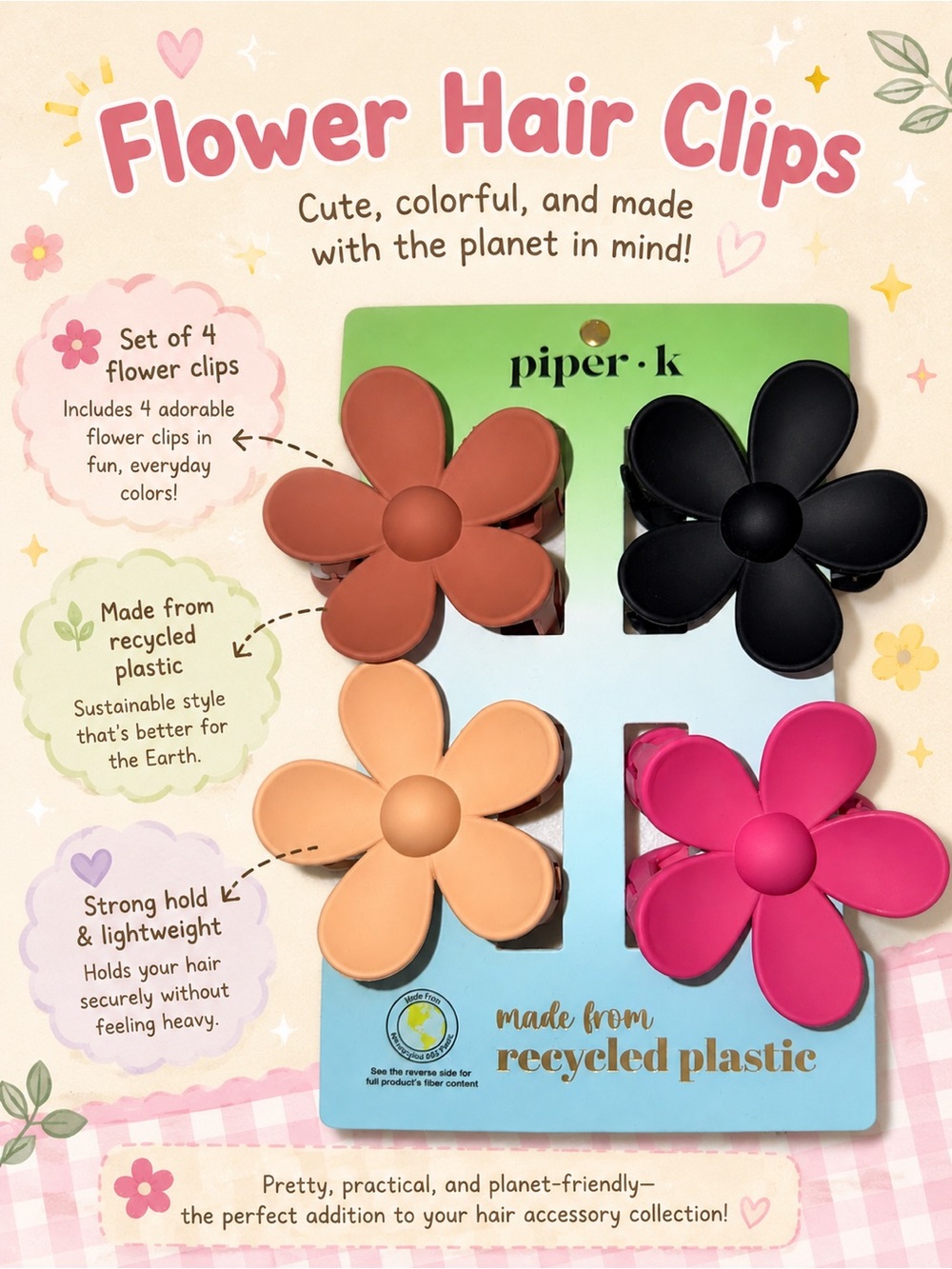 Piper Flower Hair Clips - Set of 4 (Pink, Black, Terracotta, Peach)